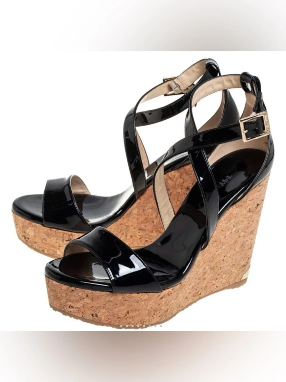 Jimmy Choo Portia Black Patent Leather Cork Wedge Sandals Size 38 NIB